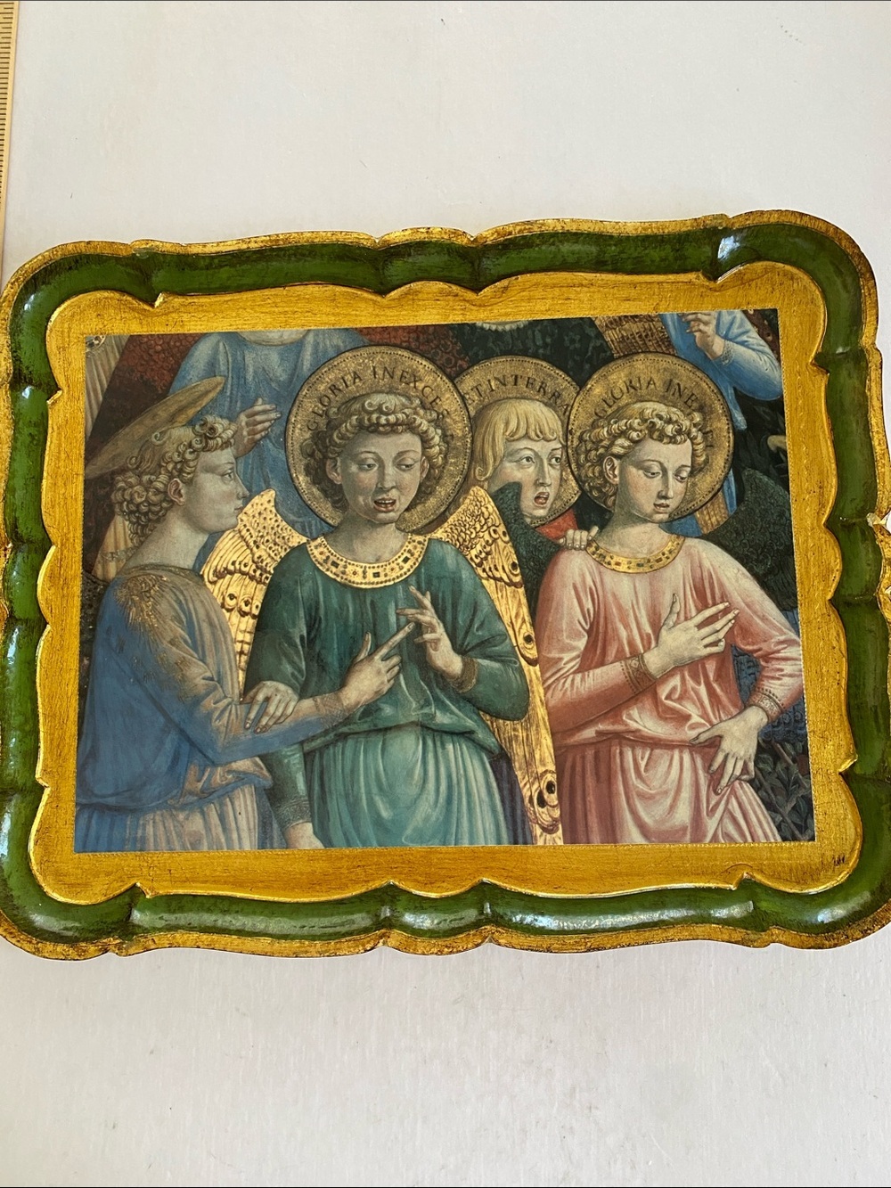 Vintage Italian Florentine Vietri Angels Wood Tray . Made in Italy